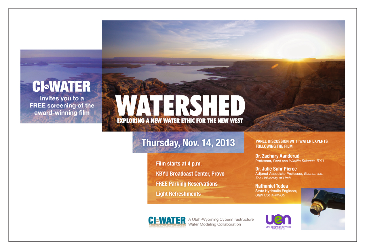 CI-WATER invites you to a FREE screening of the award-winning film "Watershed- Exploying a new water ethic for the new west" on November 14, 2013, 4:00 pm at the KBYU Broadcast Center, Provo.